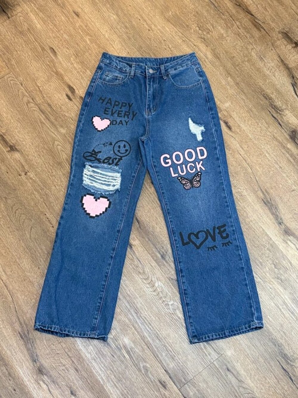 Shein Y2K Graphic Denim Jeans Medium Blue Wide Leg Letter Print